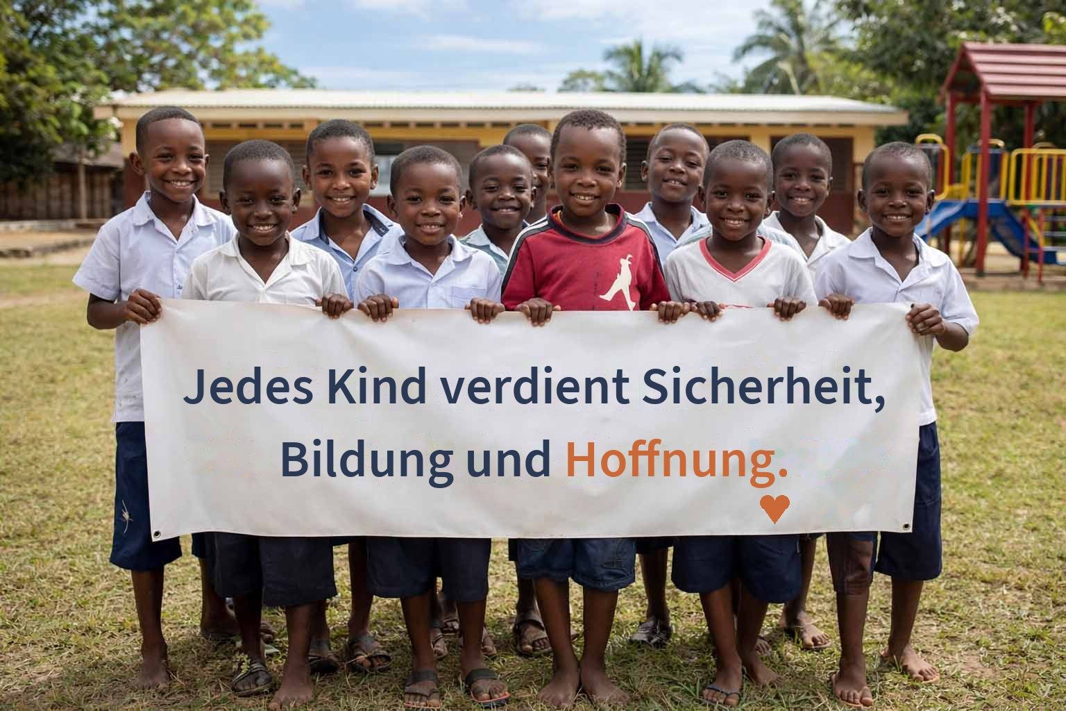 Kinder halten ein Transparent: Jedes Kind verdient Sicherheit, Bildung und Hoffnung