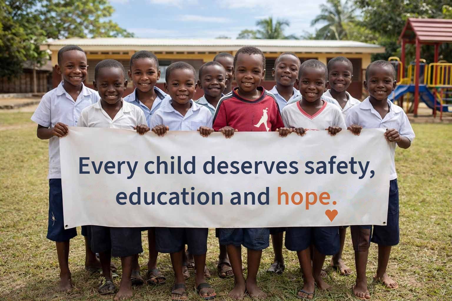 Children holding a banner: every child deserves safety, education and hope