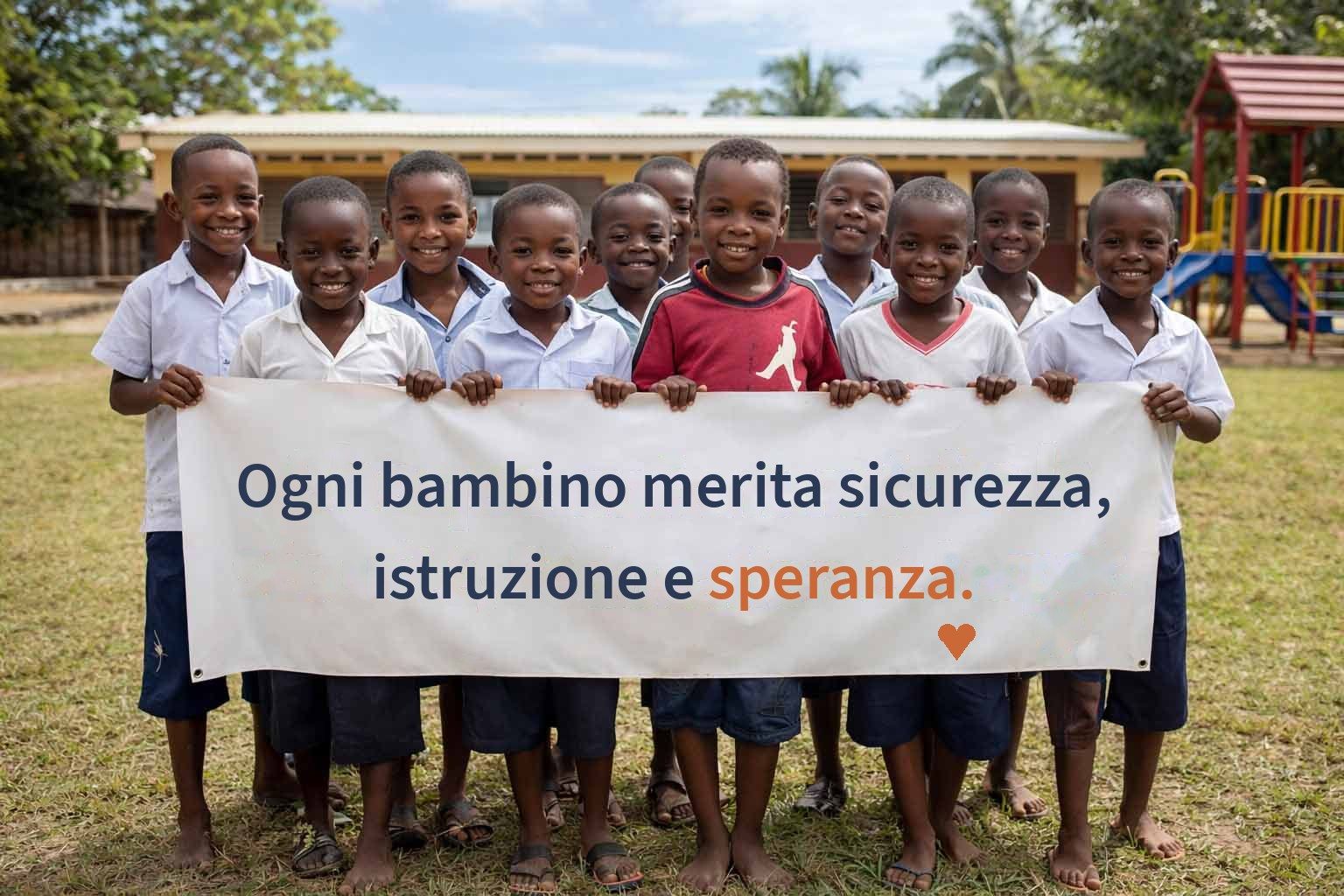 Bambini con uno striscione: ogni bambino merita sicurezza, istruzione e speranza